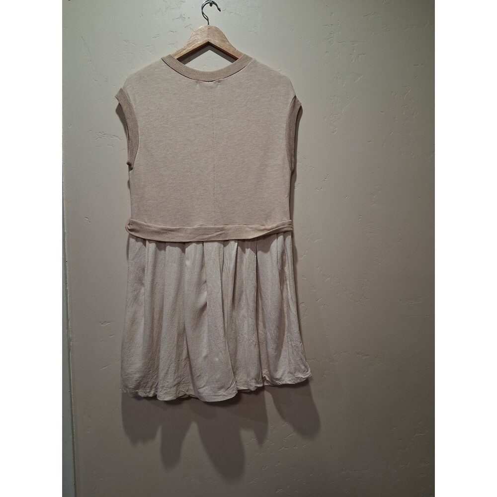 Ces Femme Oatmeal French Terry Pleated Sleeveless Mini Dress Lagenlook Artsy M/L - Picture 2 of 9
